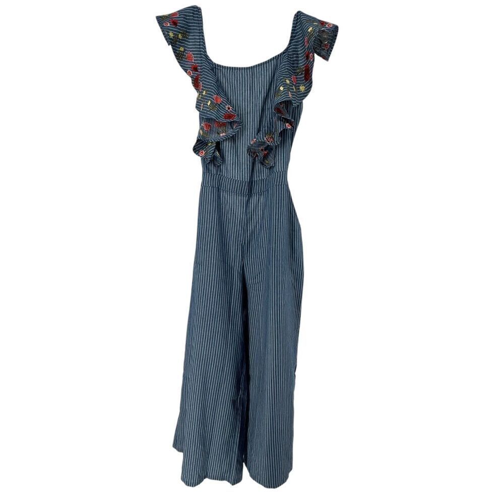 Wide Leg Jumpsuit L Blue Pin Striped Floral Embroidered Ruffle San Joy Open Back